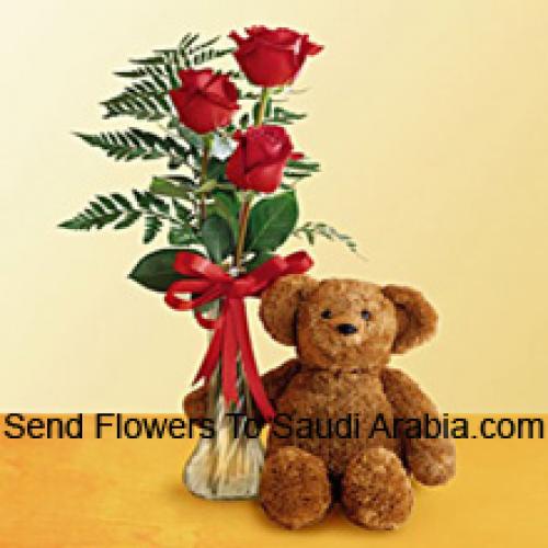 3 Red Roses with 12 Inch Teddy