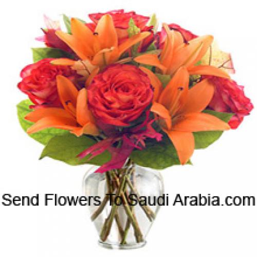 Orange Lilies and Orange Roses in Vase