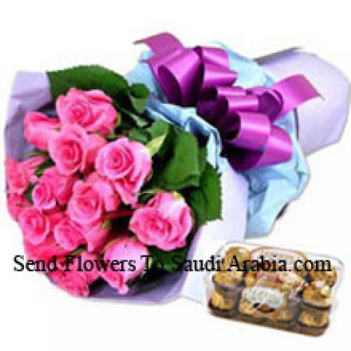 12 Rosas rosadas con deliciosos 16 Pcs Ferrero Rochers