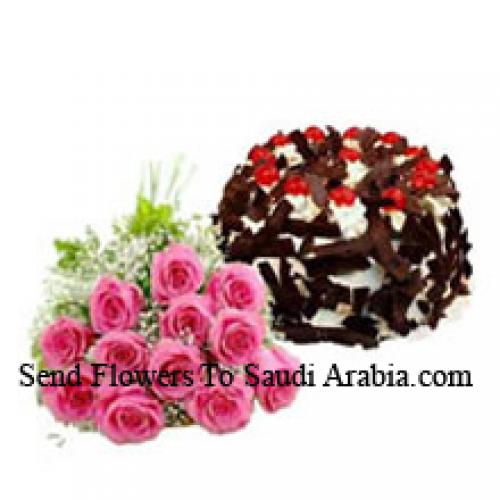 12 Pink Roses with Tasty Chocolate Crisp Cake